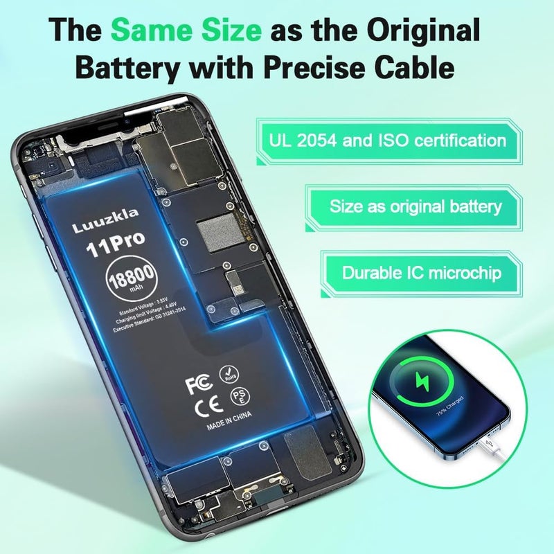 Luuzkla 18800mAh (2025 New Upgrade) Battery Compatible with iPhone 11 PRO, Super Capacity Battery Replacement Compatible with iPhone 11 PRO, with Full Tool Kits-0 Cycle High Capacity-24 Months Service - Image 4